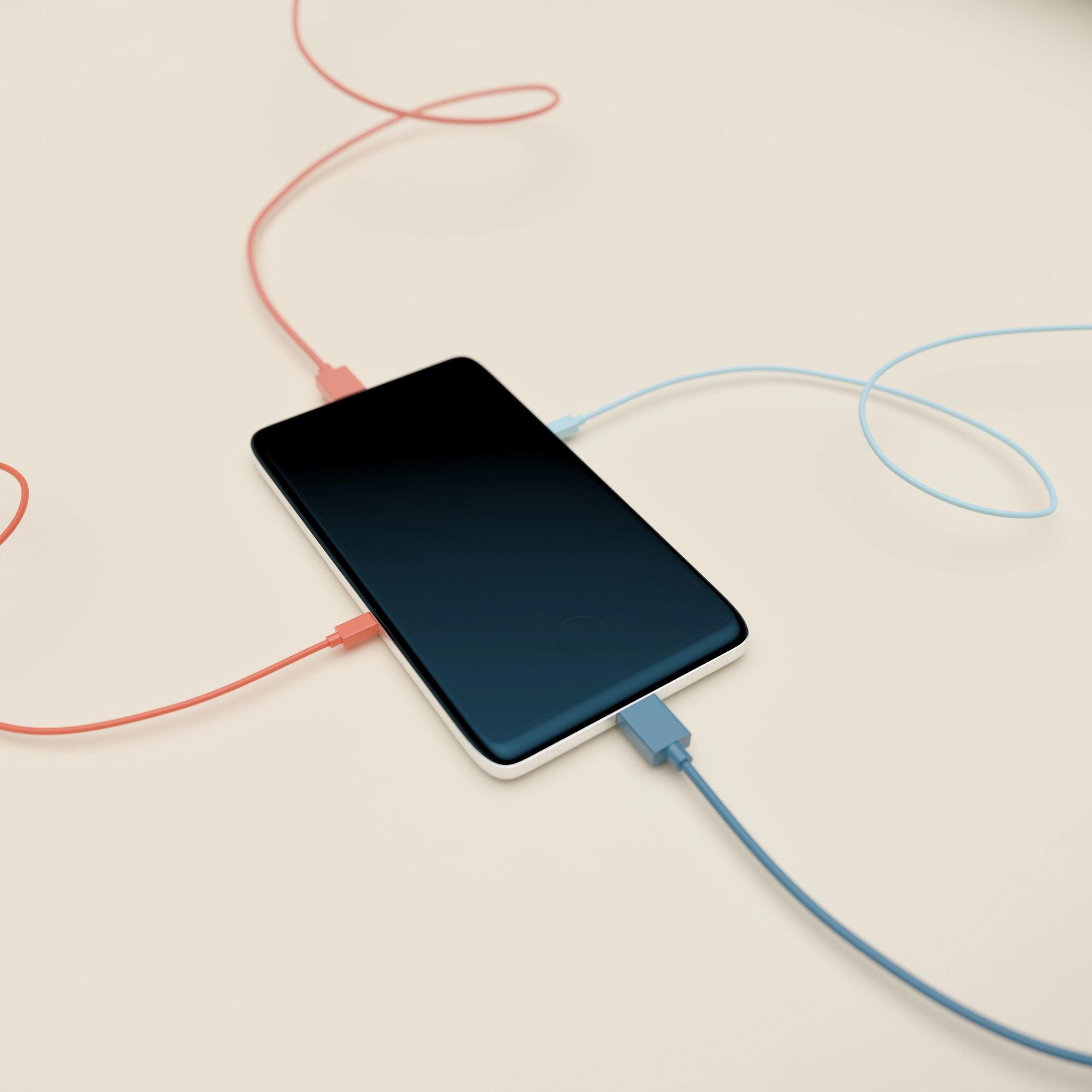 Smartphone with charging cables representing connected services and checkout.